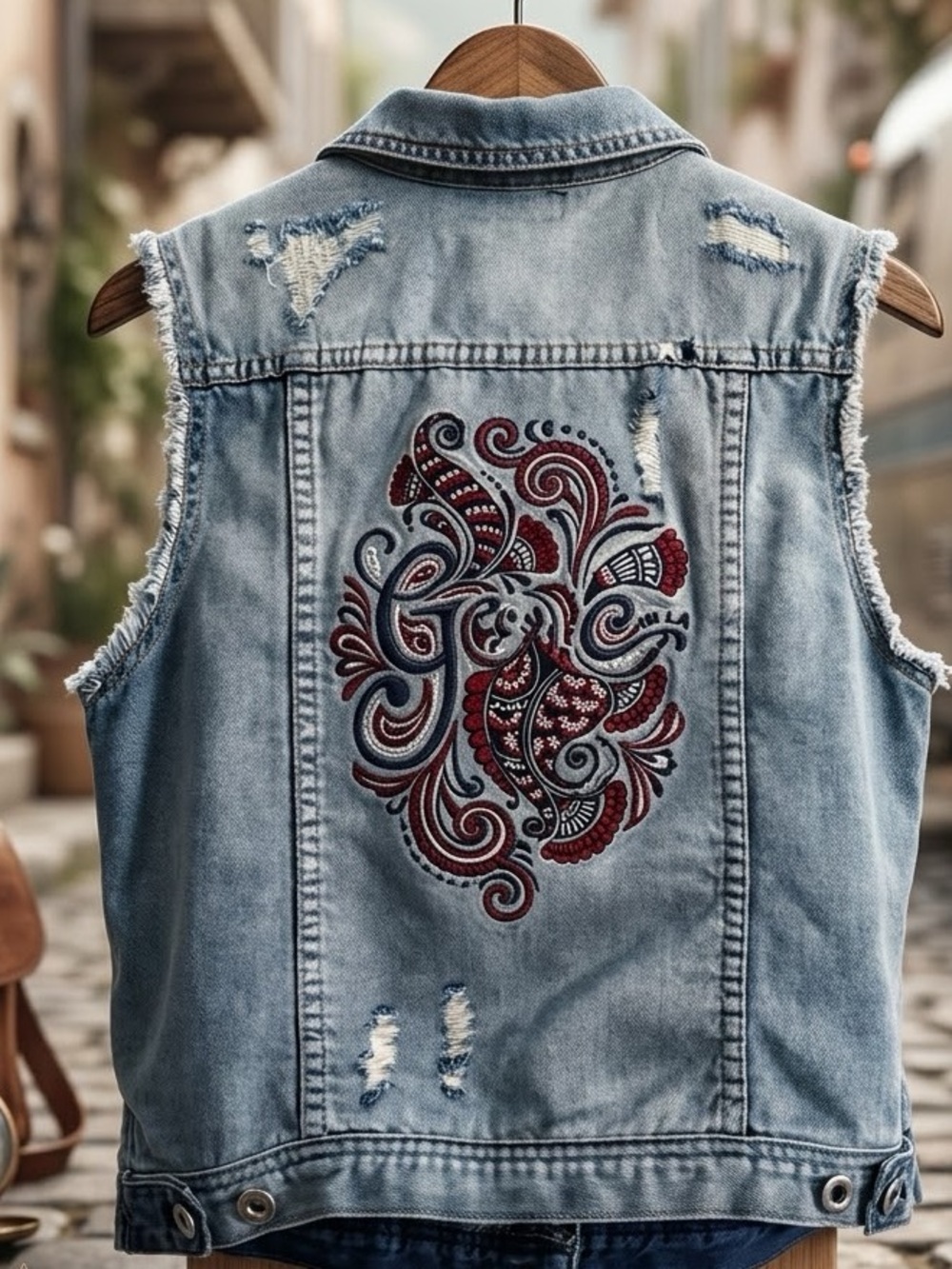 Grace Light Blue Denim Vest with Red & Navy Embroidery